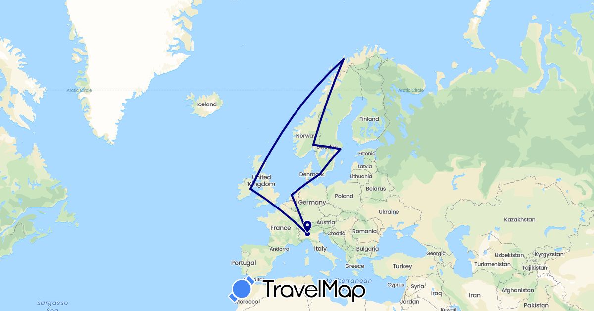TravelMap itinerary: driving in Denmark, Ireland, Italy, Netherlands, Norway, Sweden (Europe)